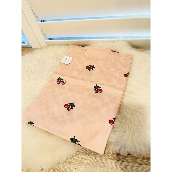 NWT Coach Women Signature Cherries Print Wrap Scarf Wool & Silk Blush Pink $175 - Picture 2 of 8